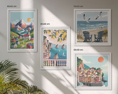 Conjunto de 4 quadros com moldura Montanhas coloridas e cidades costeiras