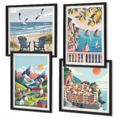 Conjunto de 4 quadros com moldura com estampas de montanhas coloridas e cidades costeiras