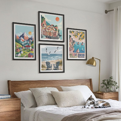 Conjunto de 4 quadros com moldura Montanhas coloridas e cidades costeiras