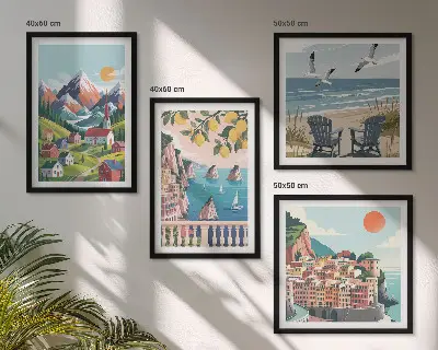 Conjunto de 4 quadros com moldura com estampas de montanhas coloridas e cidades costeiras