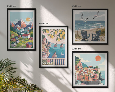 Conjunto de 4 quadros com moldura Montanhas coloridas e cidades costeiras