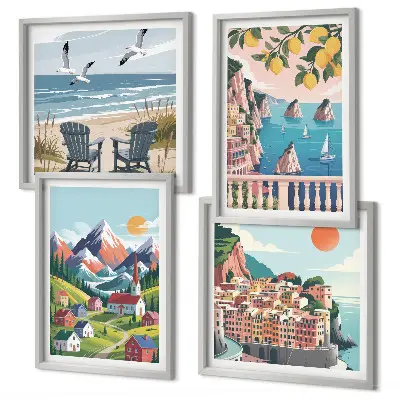 Conjunto de 4 quadros com moldura com estampas de montanhas coloridas e cidades costeiras