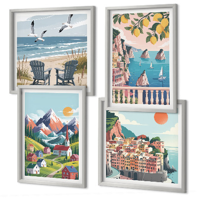 Conjunto de 4 quadros com moldura Montanhas coloridas e cidades costeiras