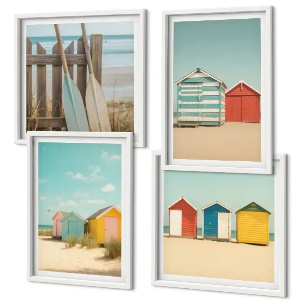 Políptico com moldura estampa de casas coloridas na praia com sol