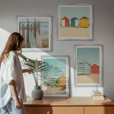 Políptico com moldura estampa de casas coloridas na praia com sol