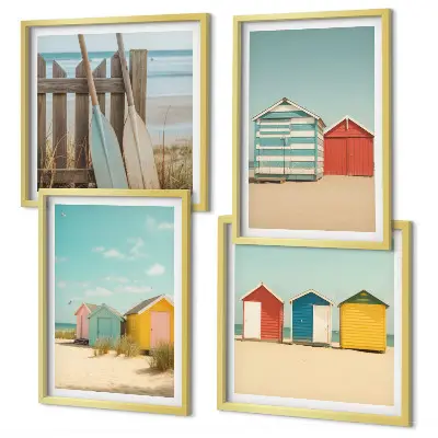 Políptico com moldura estampa de casas coloridas na praia com sol