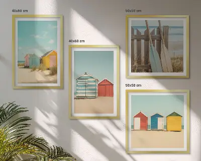 Políptico com moldura estampa de casas coloridas na praia com sol