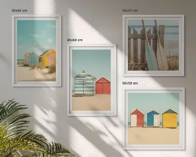 Políptico com moldura estampa de casas coloridas na praia com sol
