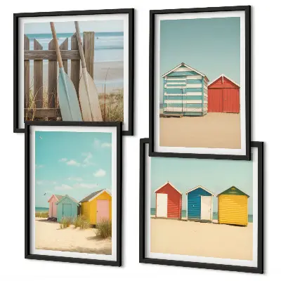 Políptico com moldura estampa de casas coloridas na praia com sol