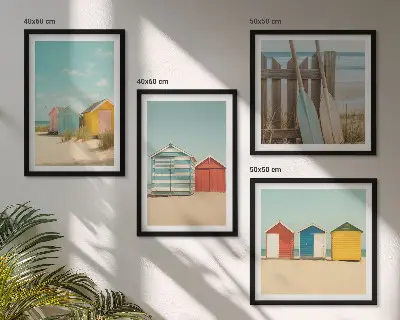Políptico com moldura estampa de casas coloridas na praia com sol