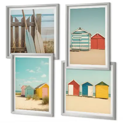 Políptico com moldura estampa de casas coloridas na praia com sol
