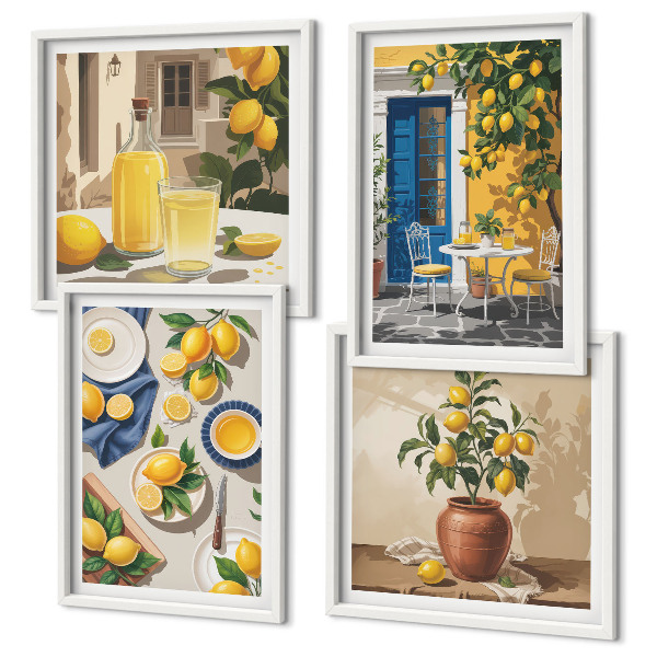 Conjunto de 4 quadros com moldura Jardim de Limões com Bebidas