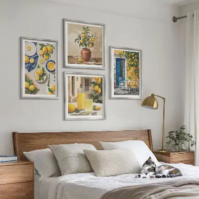 Conjunto de 4 quadros com moldura estampa de jardim de limões com bebidas