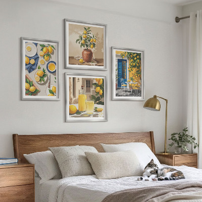 Conjunto de 4 quadros com moldura Jardim de Limões com Bebidas