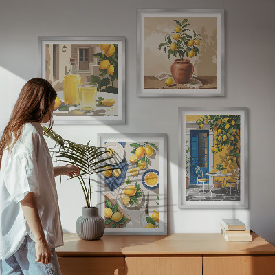 Conjunto de 4 quadros com moldura Jardim de Limões com Bebidas