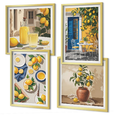 Conjunto de 4 quadros com moldura Jardim de Limões com Bebidas