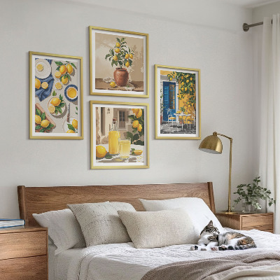 Conjunto de 4 quadros com moldura Jardim de Limões com Bebidas