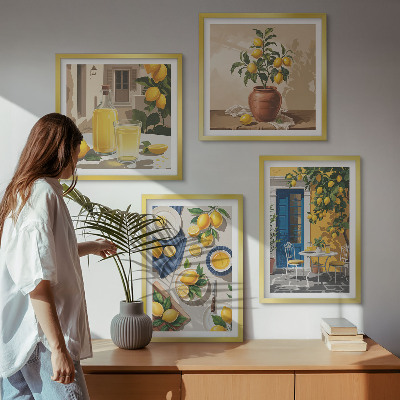 Conjunto de 4 quadros com moldura Jardim de Limões com Bebidas