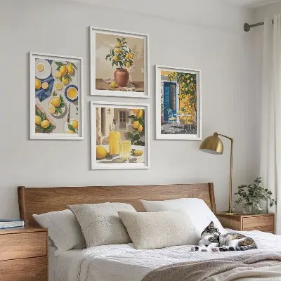 Conjunto de 4 quadros com moldura estampa de jardim de limões com bebidas