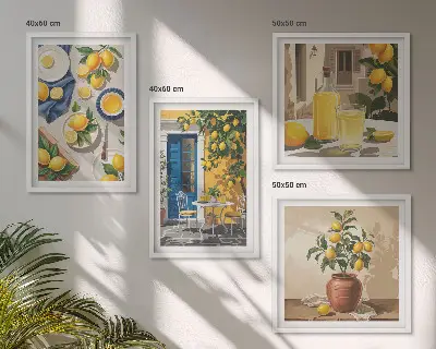 Conjunto de 4 quadros com moldura estampa de jardim de limões com bebidas