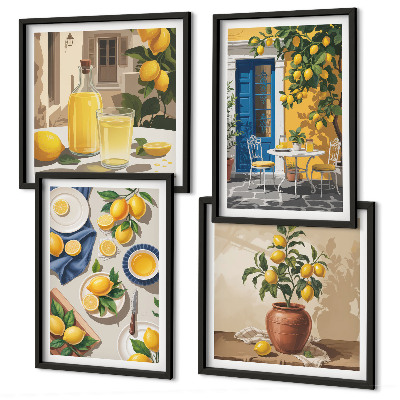 Conjunto de 4 quadros com moldura Jardim de Limões com Bebidas