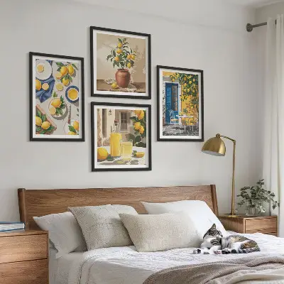 Conjunto de 4 quadros com moldura estampa de jardim de limões com bebidas