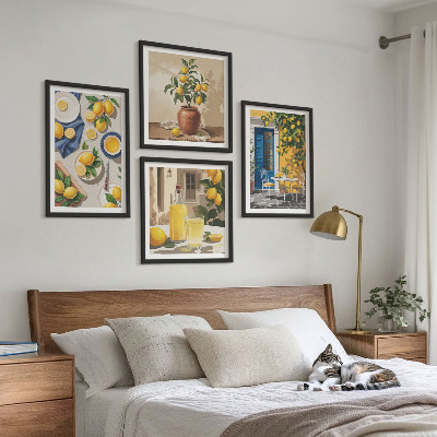 Conjunto de 4 quadros com moldura Jardim de Limões com Bebidas