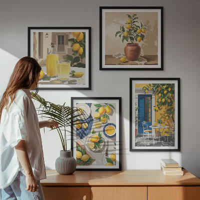 Conjunto de 4 quadros com moldura Jardim de Limões com Bebidas
