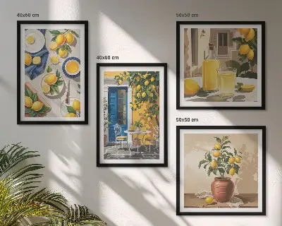 Conjunto de 4 quadros com moldura estampa de jardim de limões com bebidas