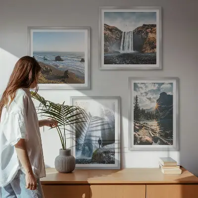 Políptico com moldura paisagem de natureza com cachoeiras e montanhas