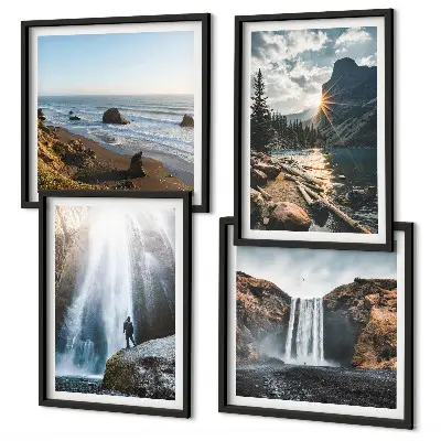 Políptico com moldura paisagem de natureza com cachoeiras e montanhas