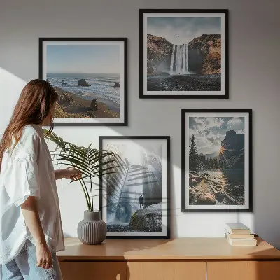 Políptico com moldura paisagem de natureza com cachoeiras e montanhas