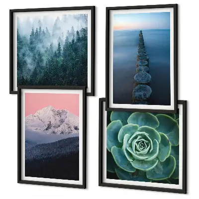 Composição de quadros com montanhas, céu rosa e suculenta na água