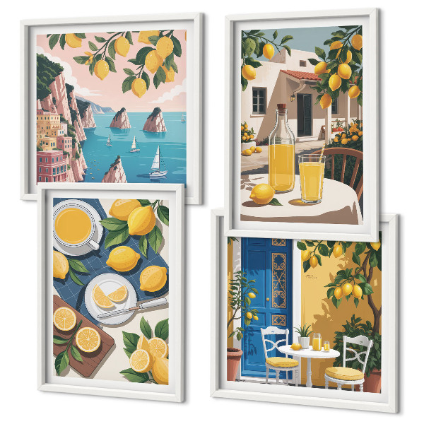 Conjunto de 4 quadros com moldura Limonada ao sol no pátio