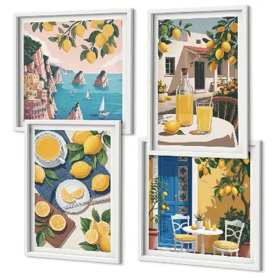 Conjunto de 4 quadros com moldura estampa Limonada ao sol no pátio