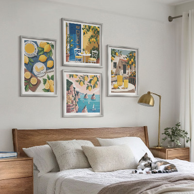 Conjunto de 4 quadros com moldura Limonada ao sol no pátio