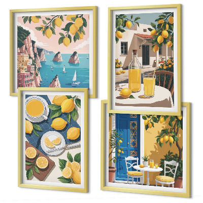Conjunto de 4 quadros com moldura Limonada ao sol no pátio