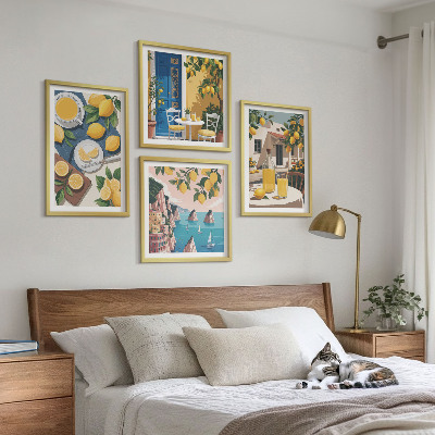 Conjunto de 4 quadros com moldura Limonada ao sol no pátio