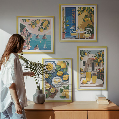 Conjunto de 4 quadros com moldura Limonada ao sol no pátio