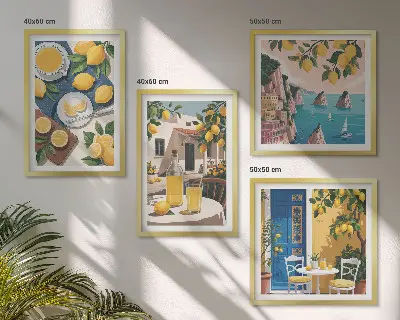 Conjunto de 4 quadros com moldura estampa Limonada ao sol no pátio