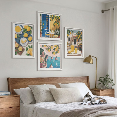 Conjunto de 4 quadros com moldura Limonada ao sol no pátio