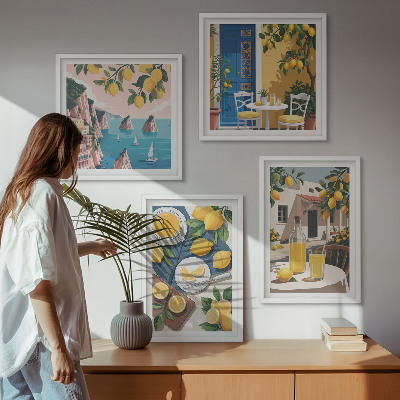 Conjunto de 4 quadros com moldura Limonada ao sol no pátio