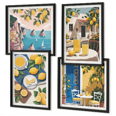 Conjunto de 4 quadros com moldura Limonada ao sol no pátio