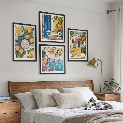 Conjunto de 4 quadros com moldura Limonada ao sol no pátio
