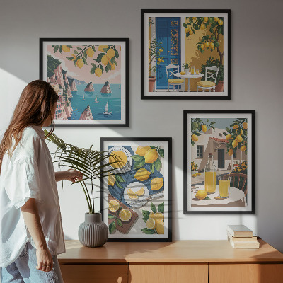 Conjunto de 4 quadros com moldura Limonada ao sol no pátio