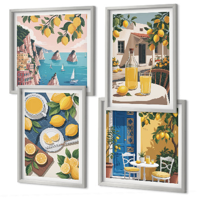 Conjunto de 4 quadros com moldura Limonada ao sol no pátio
