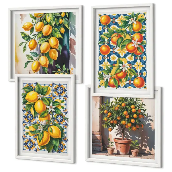 Composição de quadros com frutas cítricas abstratas e coloridas