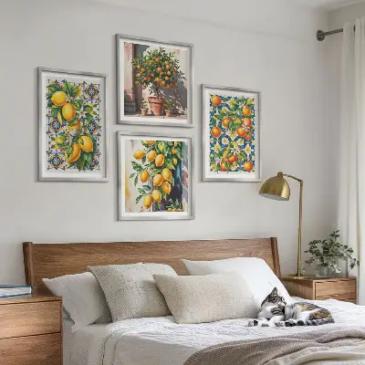 Composição de quadros com frutas cítricas abstratas e coloridas