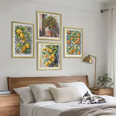 Composição de quadros com frutas cítricas abstratas e coloridas