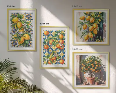 Composição de quadros com frutas cítricas abstratas e coloridas